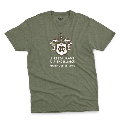 A green t-shirt with the logo for RC French restaurant.