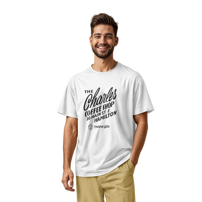 A white t-shirt with a retro typographic logo for The Charles Coffee Shop in Hamilton.