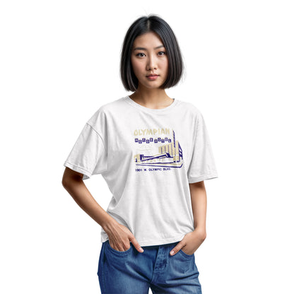 A white t-shirt with a vintage advertisement for the Olympian Motor Hotel.