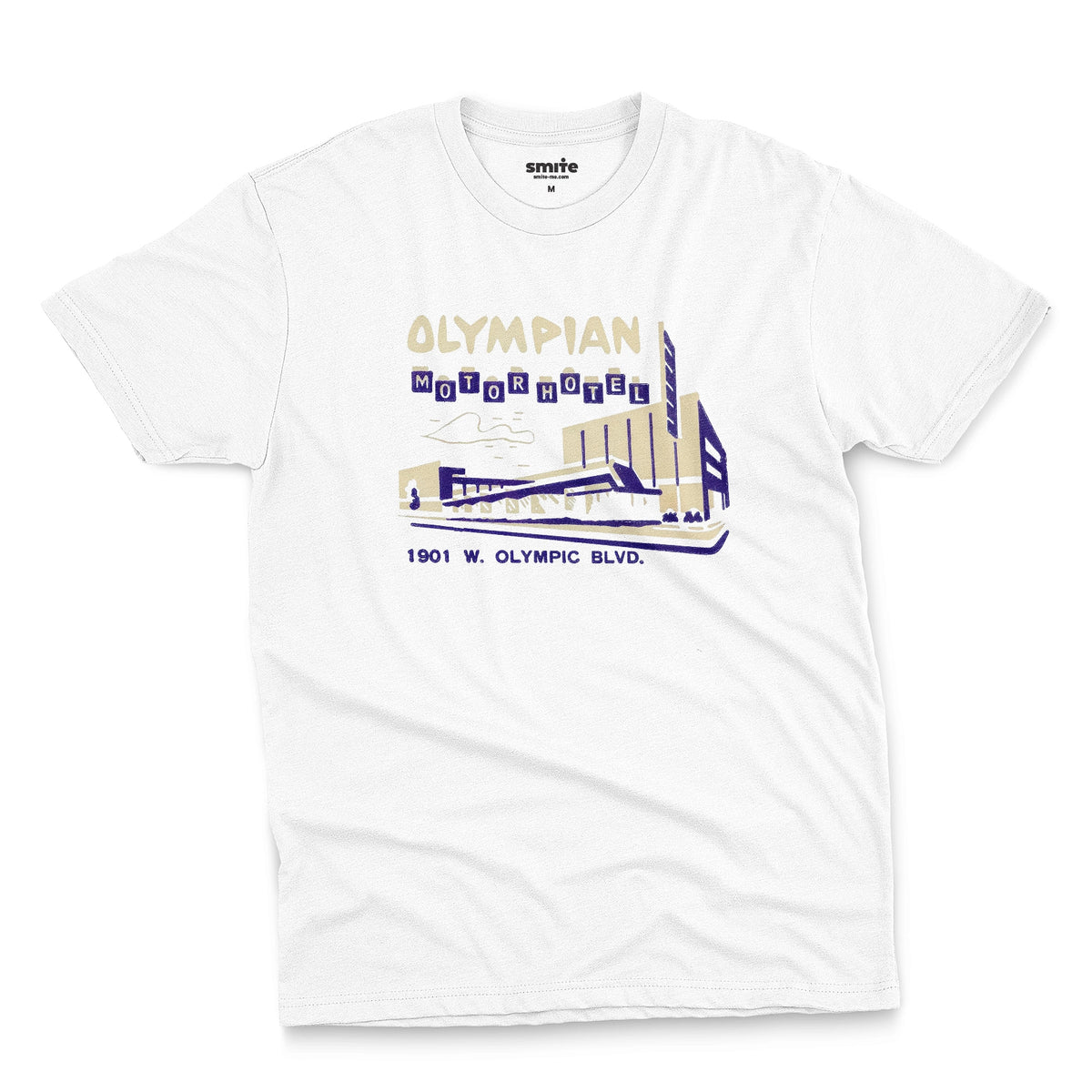 A white t-shirt with a vintage advertisement for the Olympian Motor Hotel.