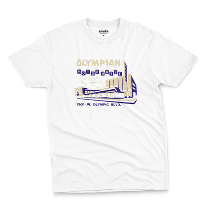A white t-shirt with a vintage advertisement for the Olympian Motor Hotel.