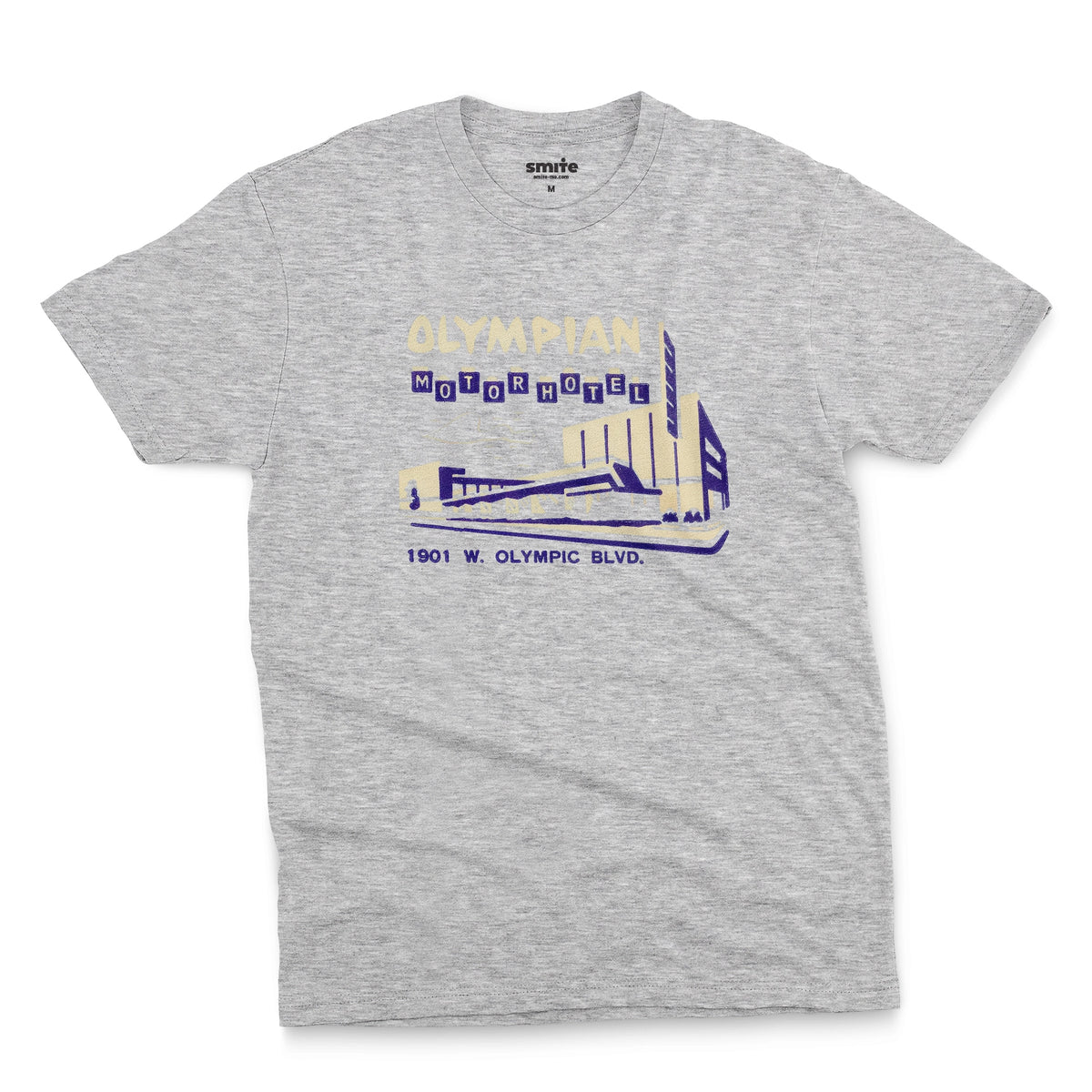 A gray marle t-shirt with a vintage advertisement for the Olympian Motor Hotel.