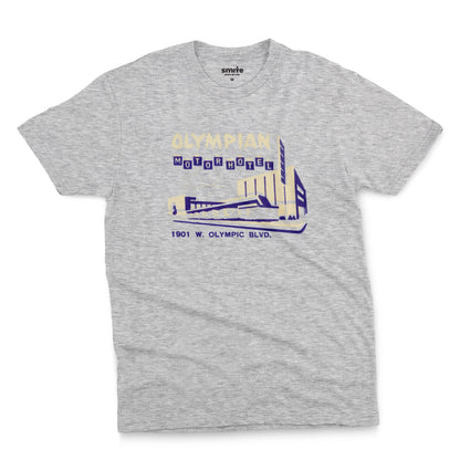 A gray marle t-shirt with a vintage advertisement for the Olympian Motor Hotel.