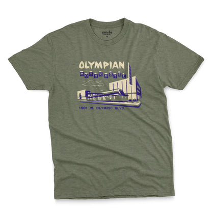 A green t-shirt with a vintage advertisement for the Olympian Motor Hotel.