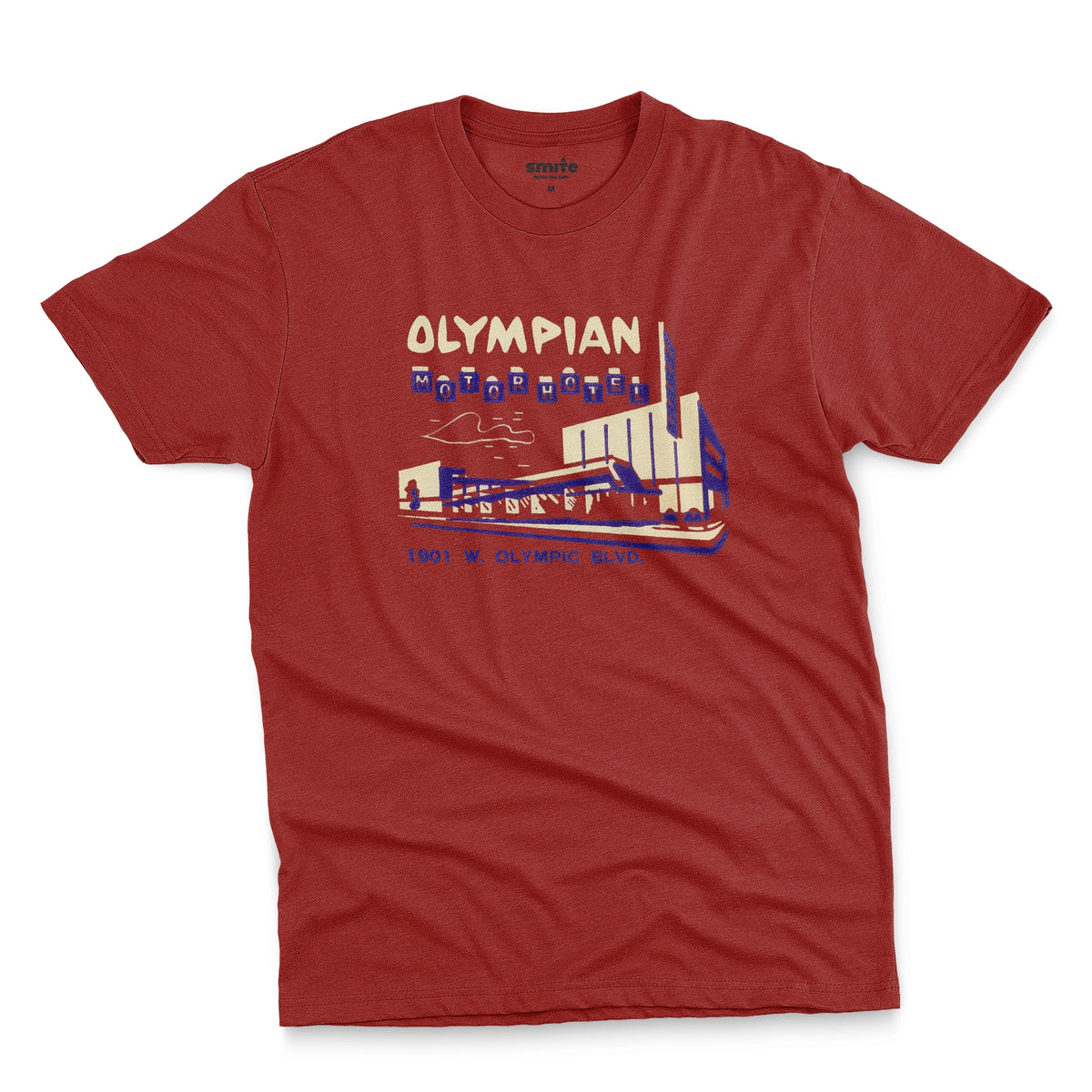 A red t-shirt with a vintage advertisement for the Olympian Motor Hotel.