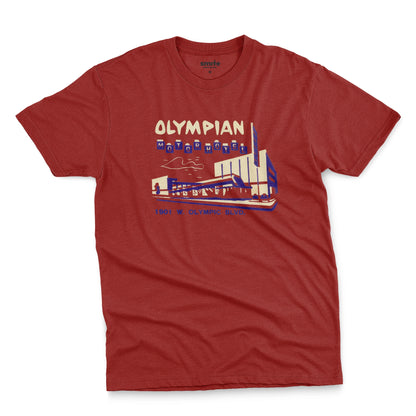 A red t-shirt with a vintage advertisement for the Olympian Motor Hotel.