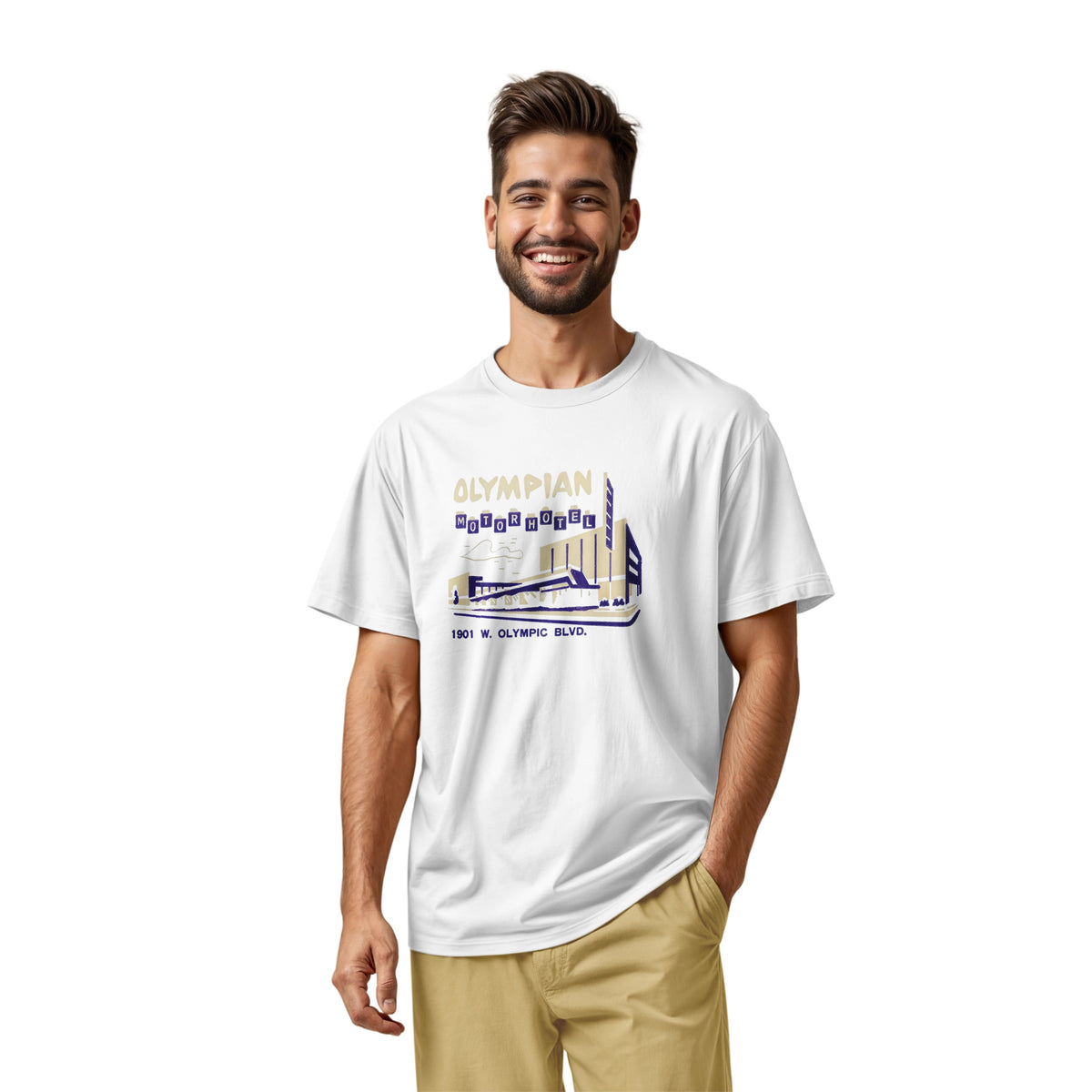 A white t-shirt with a vintage advertisement for the Olympian Motor Hotel.