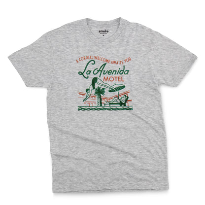 A gray marle t-shirt featuring a retro advertisement for La Avenida Motel from the 1960s.