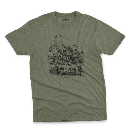 A green t-shirt with a black vintage graphic print depicting a French hunting scene and the text 'Tuez-les tous!' or 'Kill them all' in English.