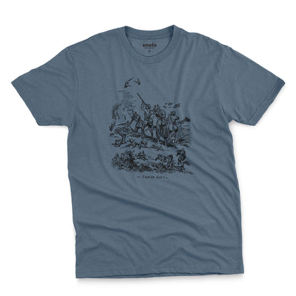 A blue t-shirt with a black vintage graphic print depicting a French hunting scene and the text 'Tuez-les tous!' or 'Kill them all' in English.