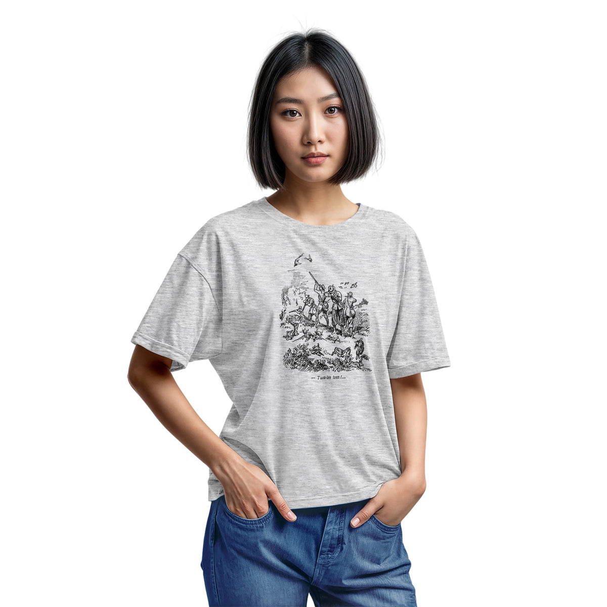 A gray marle t-shirt with a black vintage graphic print depicting a French hunting scene and the text 'Tuez-les tous!' or 'Kill them all' in English.