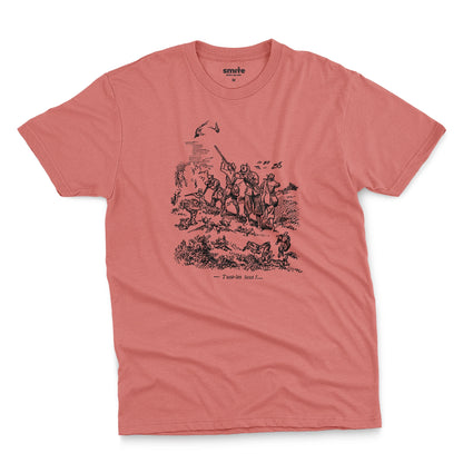 A coral pink t-shirt with a black vintage graphic print depicting a French hunting scene and the text 'Tuez-les tous!' or 'Kill them all' in English.