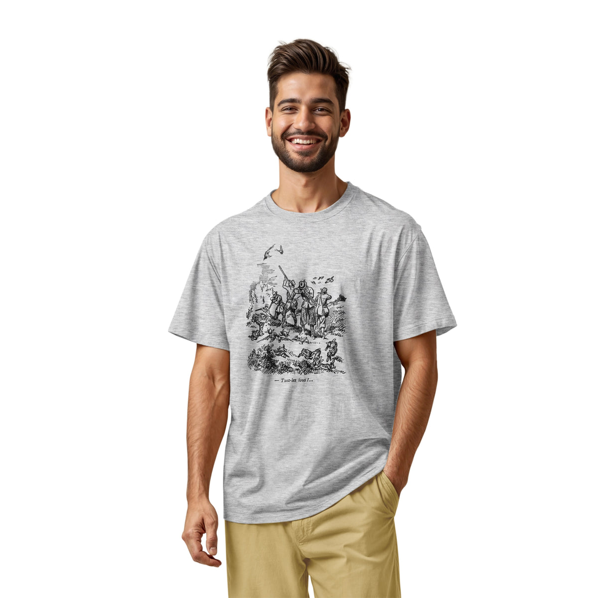 A gray marle t-shirt with a black vintage graphic print depicting a French hunting scene and the text 'Tuez-les tous!' or 'Kill them all' in English.