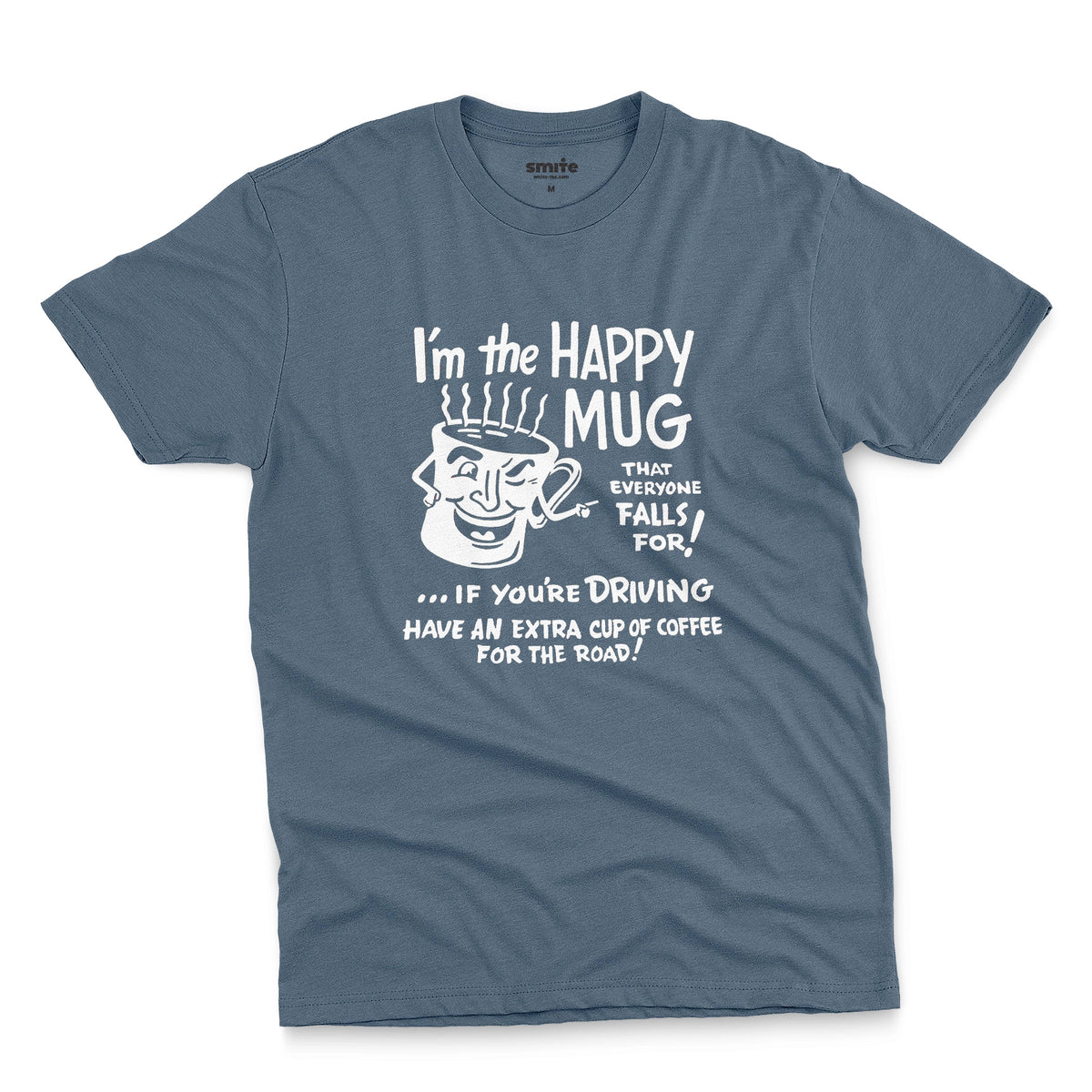 A blue t-shirt with a white retro graphic advertising coffee with a fun cartoon coffee mug.