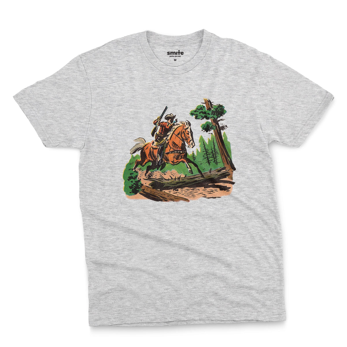 A grey marle t-shirt featuring a 1960s vintage graphic print of a cowboy riding a horse through a forest.