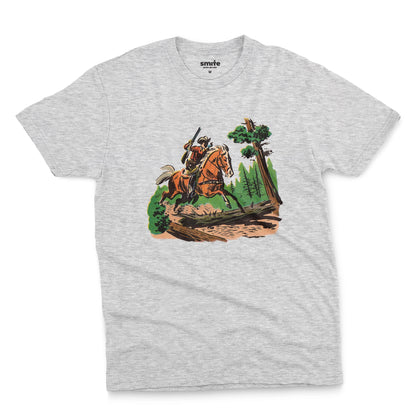 A grey marle t-shirt featuring a 1960s vintage graphic print of a cowboy riding a horse through a forest.