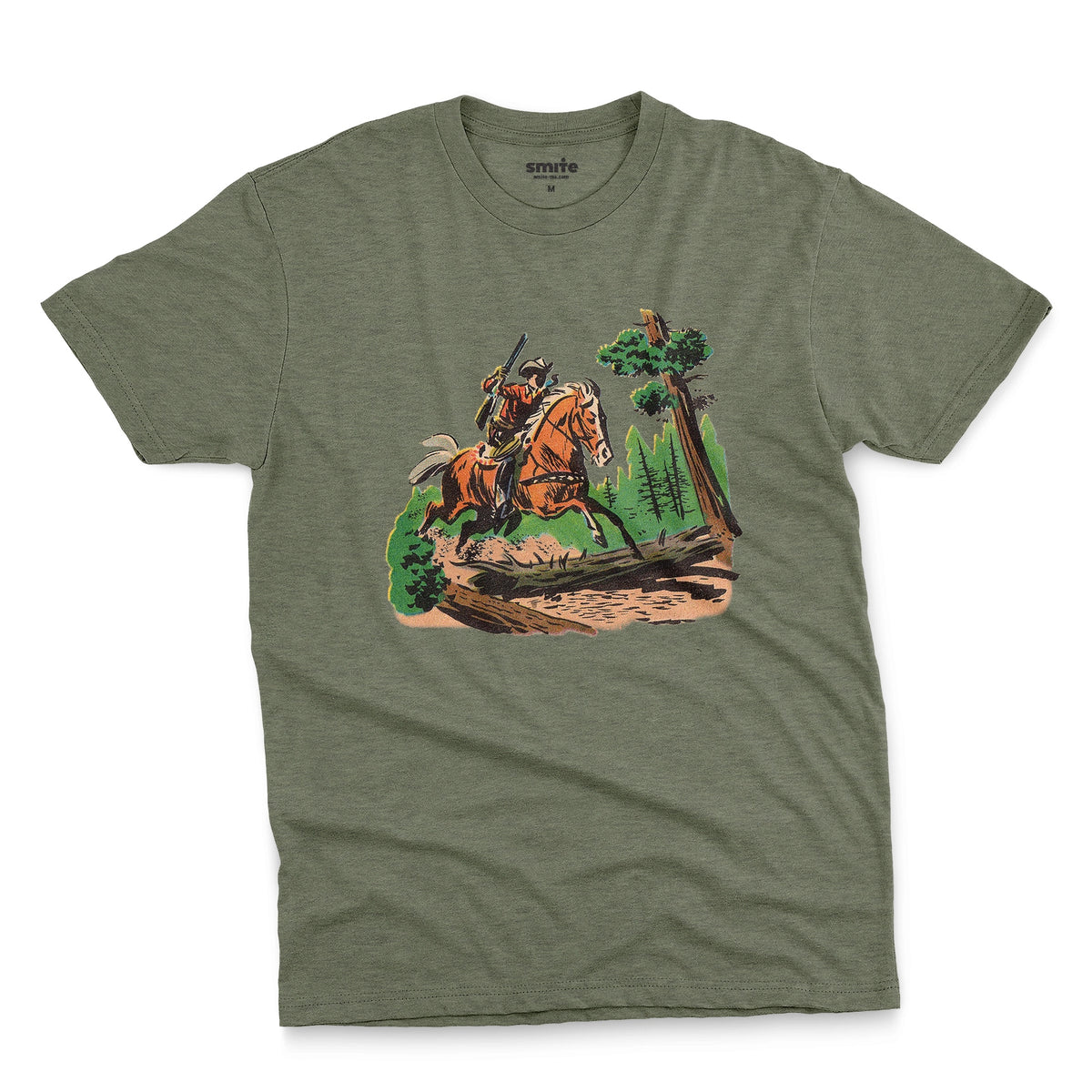 A green t-shirt featuring a 1960s vintage graphic print of a cowboy riding a horse through a forest.