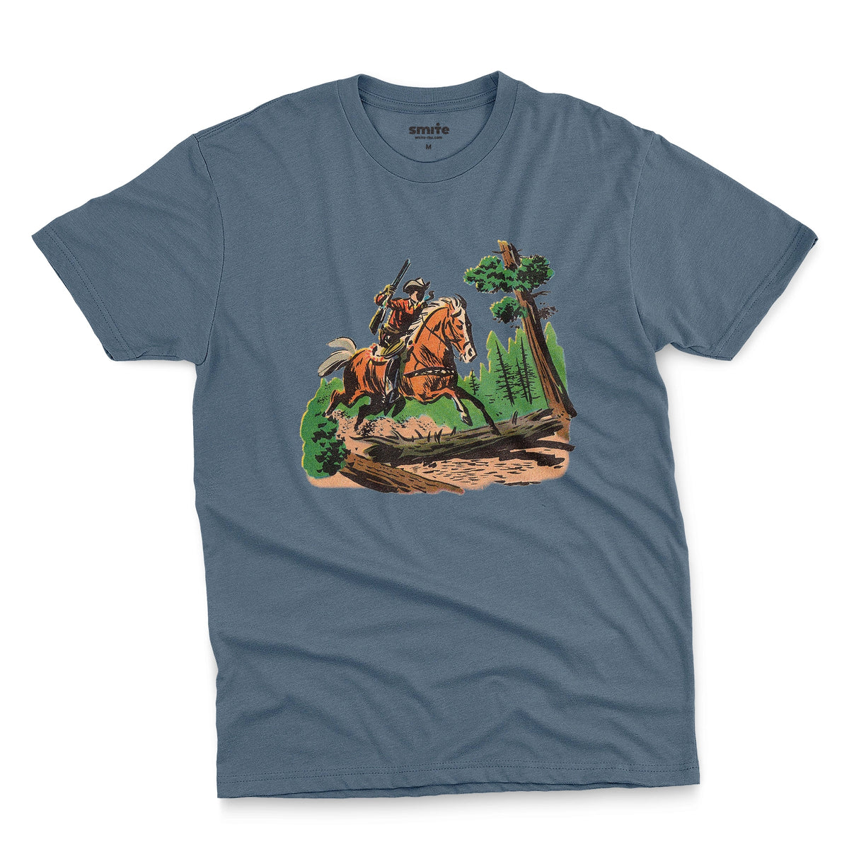 A blue t-shirt featuring a 1960s vintage graphic print of a cowboy riding a horse through a forest.