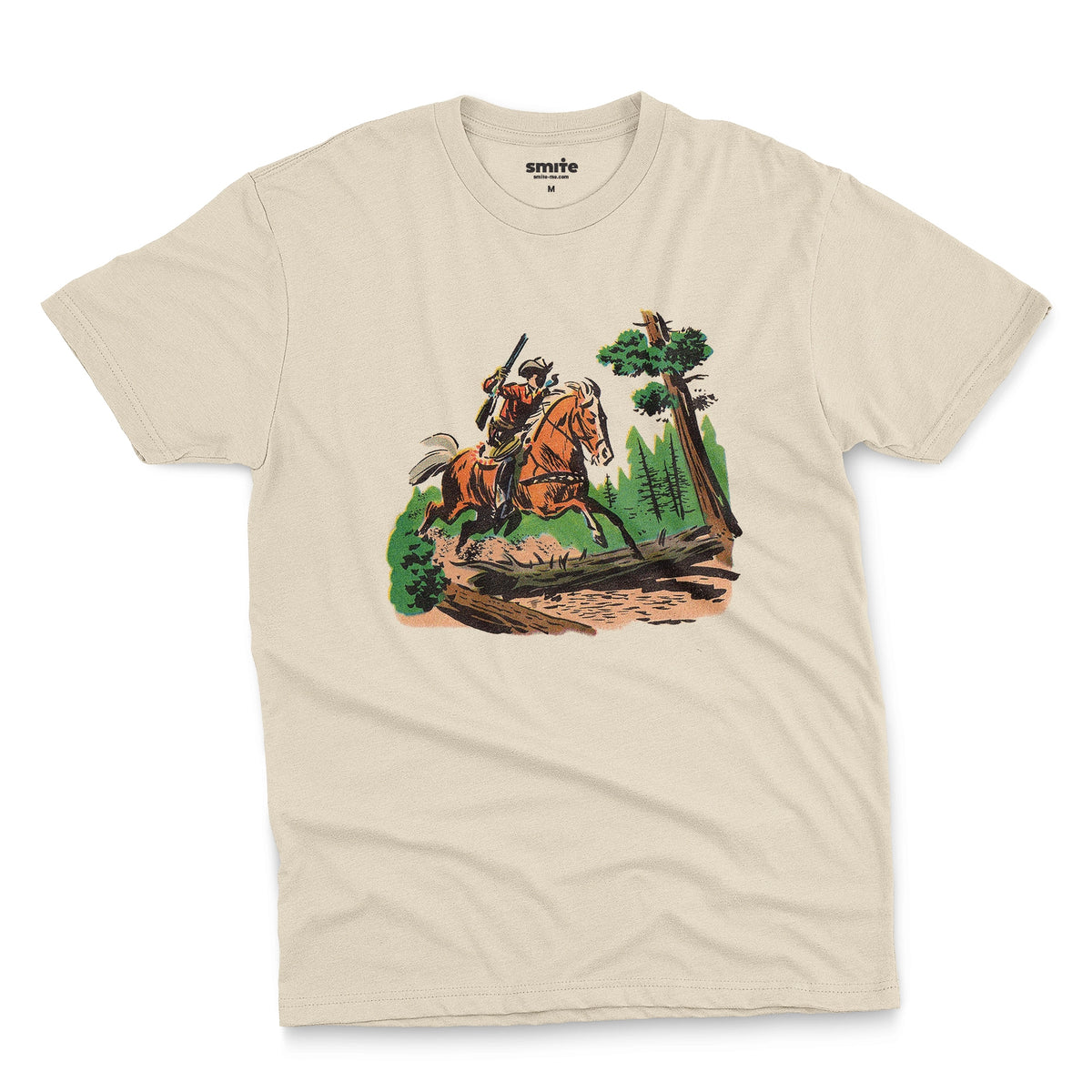 A beige t-shirt featuring a 1960s vintage graphic print of a cowboy riding a horse through a forest.