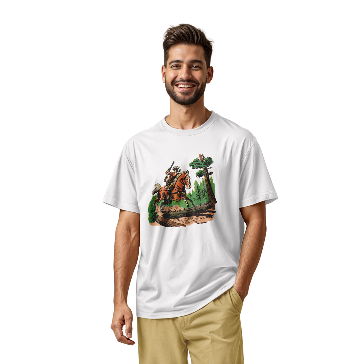 A white t-shirt featuring a 1960s vintage graphic print of a cowboy riding a horse through a forest.