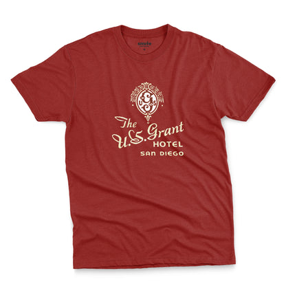 A red t-shirt with a vintage logo for the U.S. Grant Hotel in San Diego.