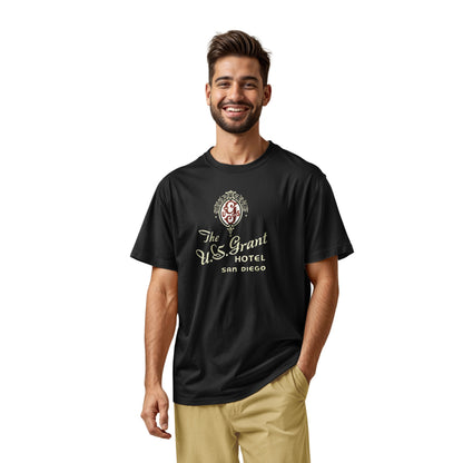 A black t-shirt with a vintage logo for the U.S. Grant Hotel in San Diego.