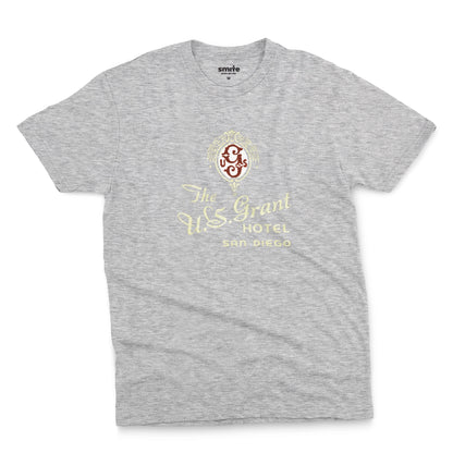 A gray marle t-shirt with a vintage logo for the U.S. Grant Hotel in San Diego.