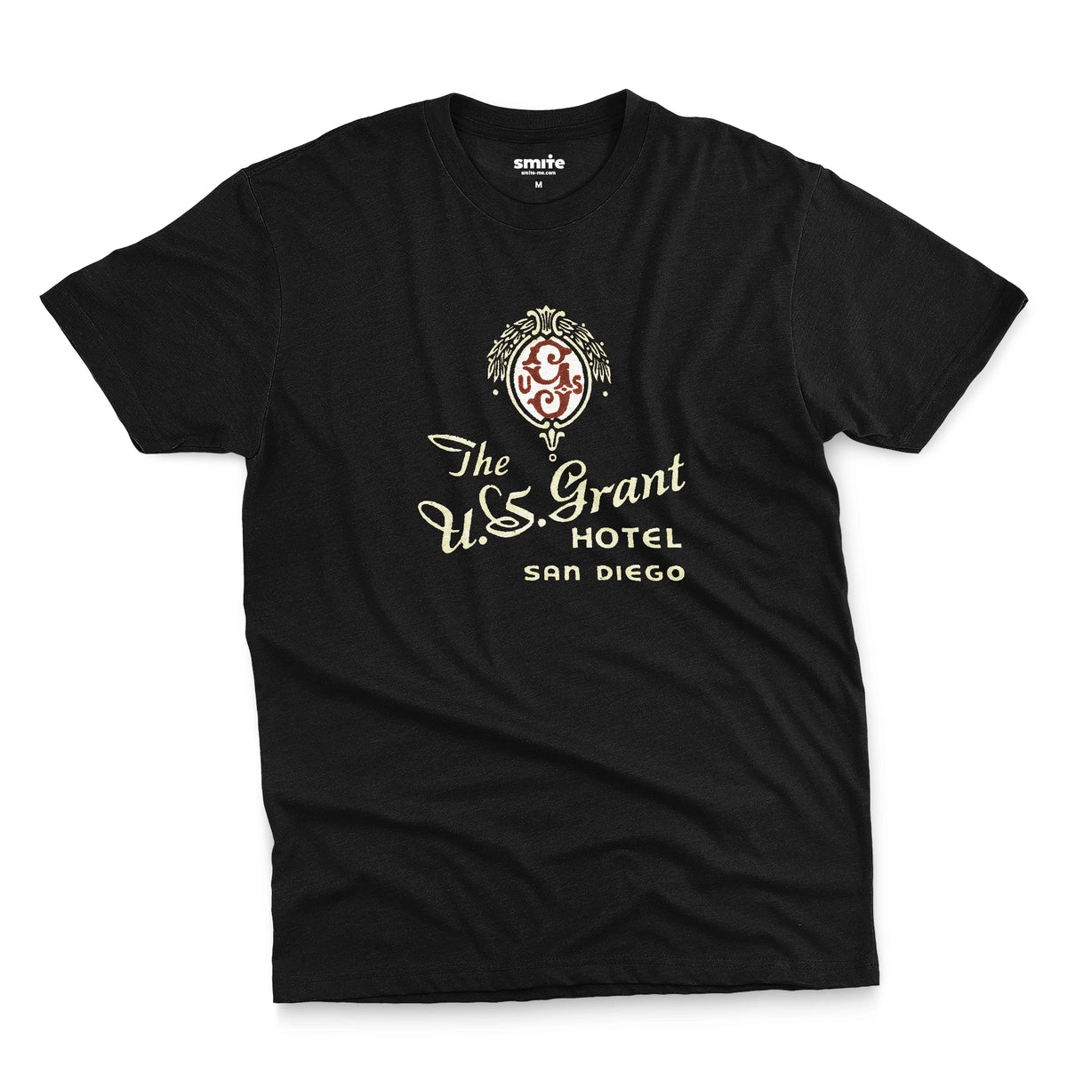 A black t-shirt with a vintage logo for the U.S. Grant Hotel in San Diego.