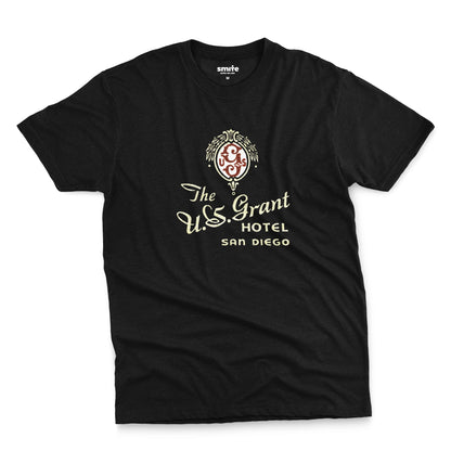 A black t-shirt with a vintage logo for the U.S. Grant Hotel in San Diego.