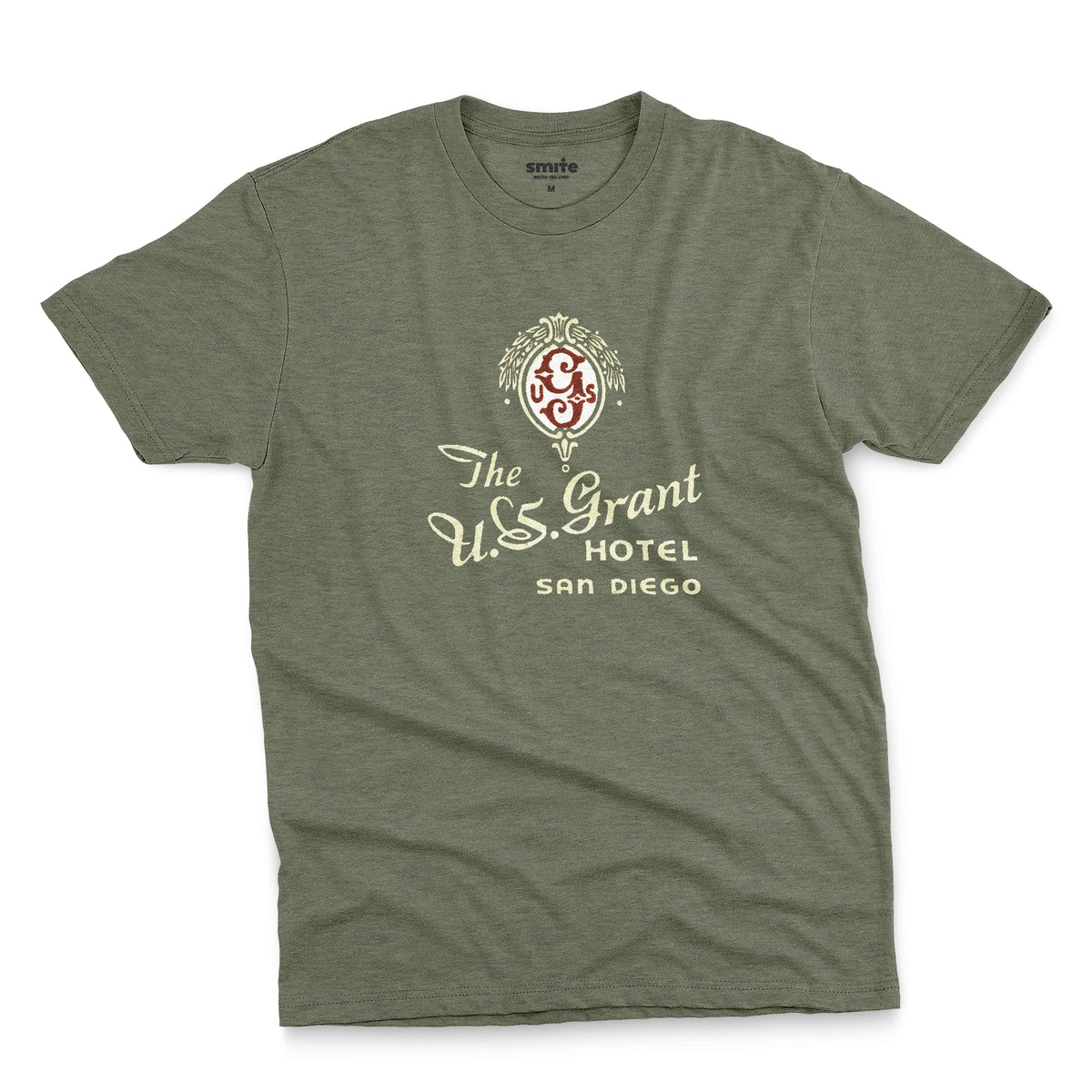 A green t-shirt with a vintage logo for the U.S. Grant Hotel in San Diego.