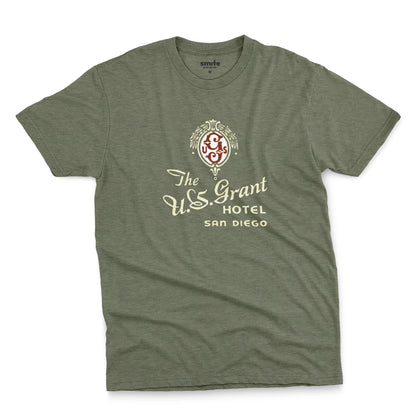 A green t-shirt with a vintage logo for the U.S. Grant Hotel in San Diego.