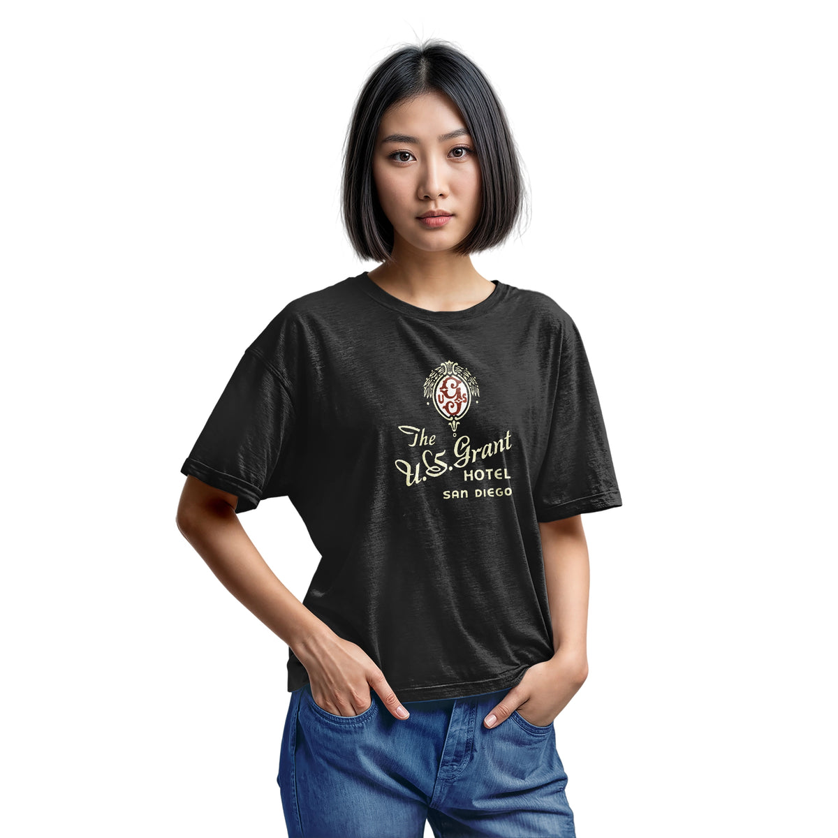 A black t-shirt with a vintage logo for the U.S. Grant Hotel in San Diego.