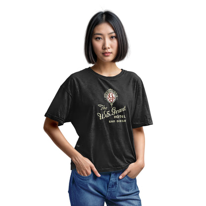 A black t-shirt with a vintage logo for the U.S. Grant Hotel in San Diego.