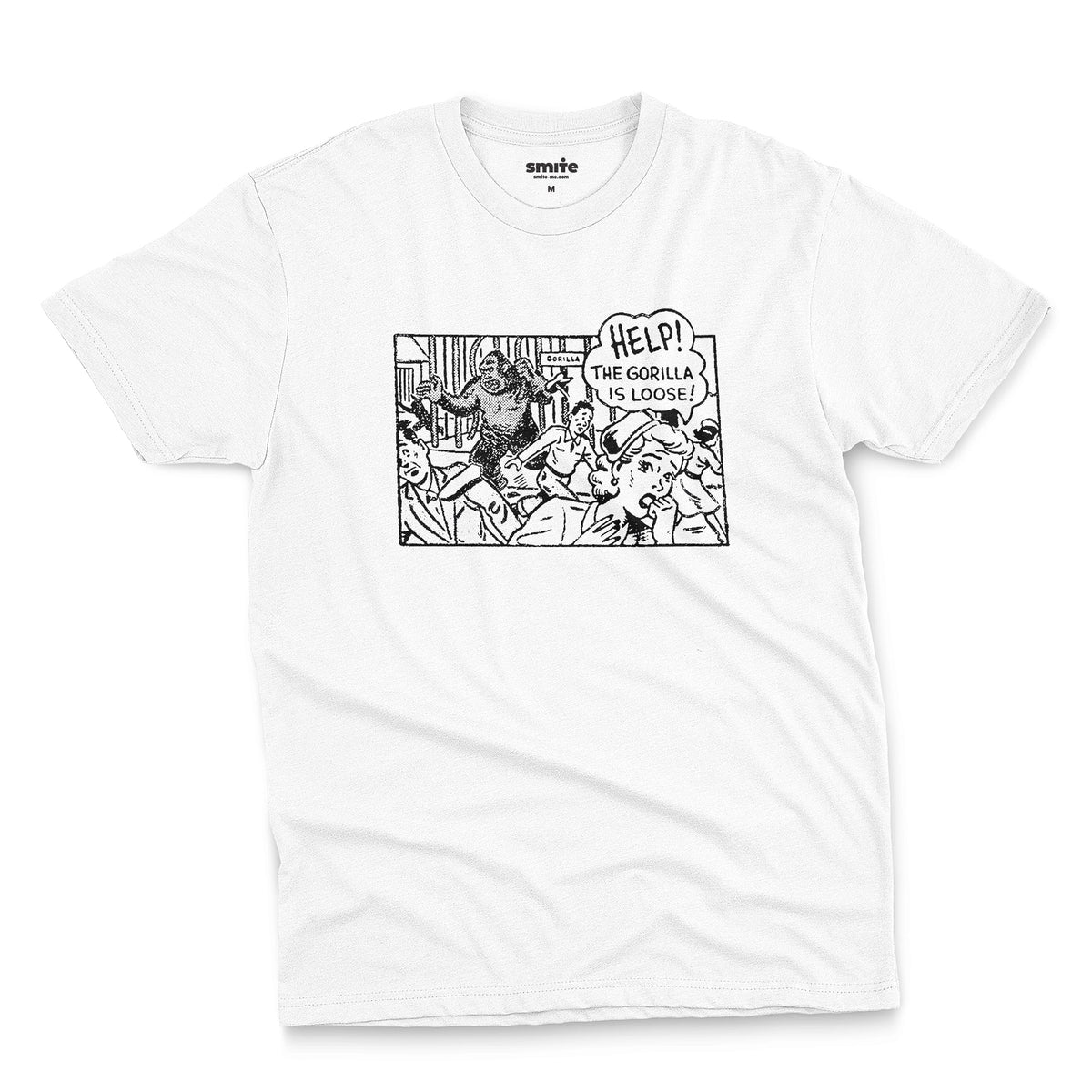 A white t-shirt featuring a retro comic-style graphic depicting a gorilla and the text 'HELP! THE GORILLA IS LOOSE!'.