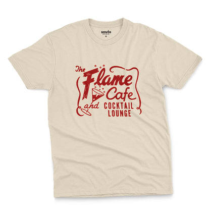 A beige t-shirt with an advertisement for 'The Flame Cafe and Cocktail Lounge' in Minneapolis.