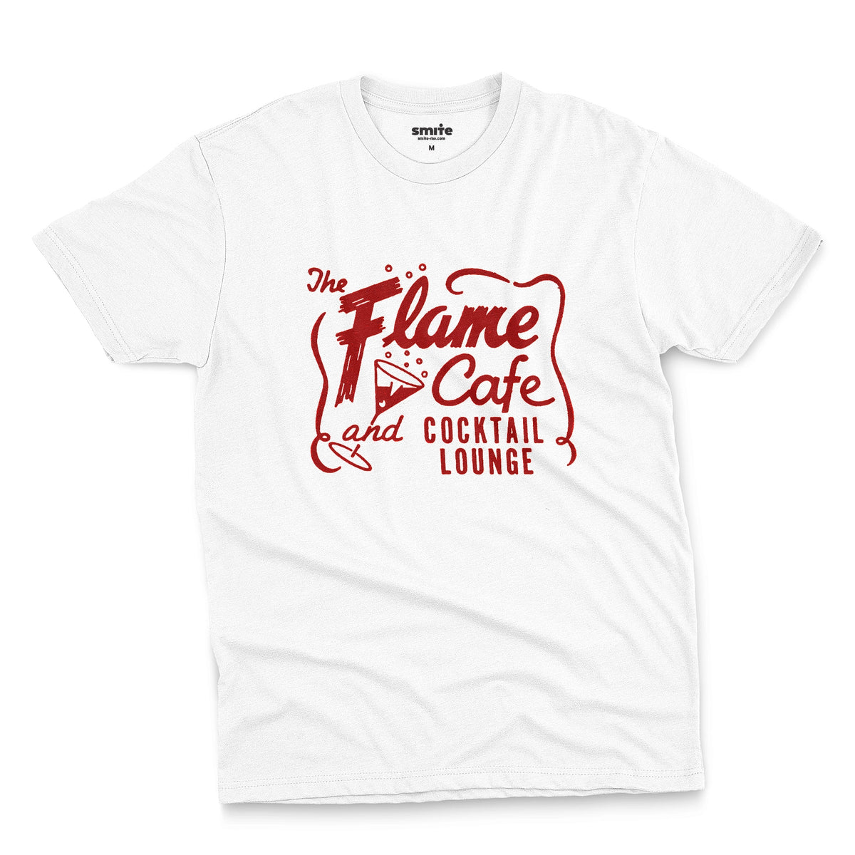 A white t-shirt with an advertisement for 'The Flame Cafe and Cocktail Lounge' in Minneapolis.