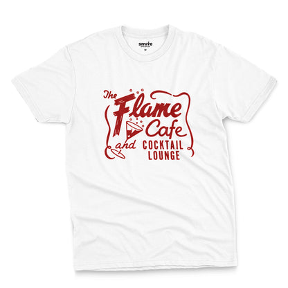 A white t-shirt with an advertisement for 'The Flame Cafe and Cocktail Lounge' in Minneapolis.