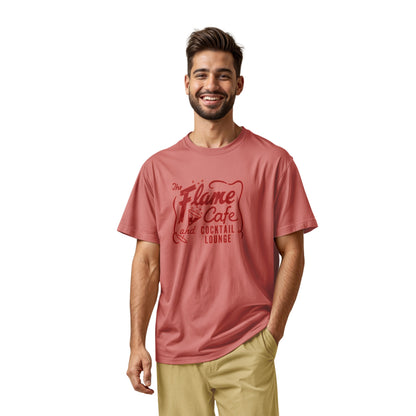 A coral pink t-shirt with an advertisement for 'The Flame Cafe and Cocktail Lounge' in Minneapolis.