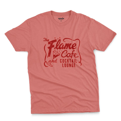 A coral pink t-shirt with an advertisement for 'The Flame Cafe and Cocktail Lounge' in Minneapolis.