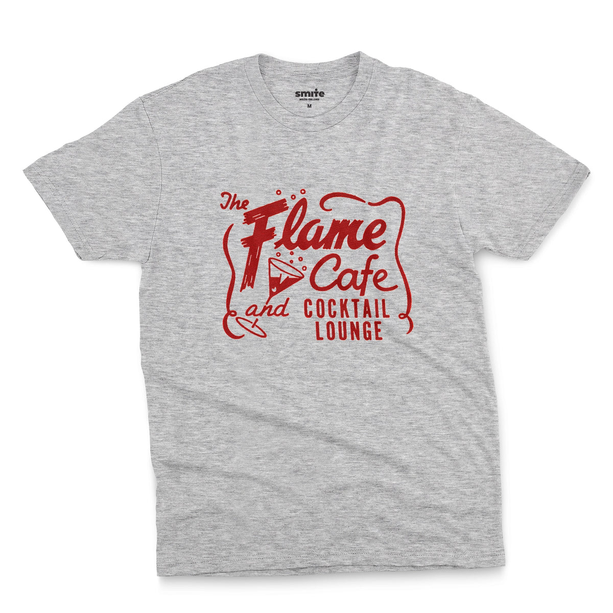 A gray marle t-shirt with an advertisement for 'The Flame Cafe and Cocktail Lounge' in Minneapolis.