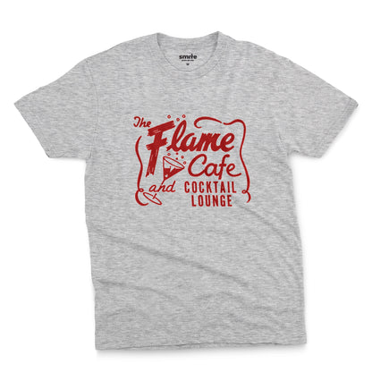 A gray marle t-shirt with an advertisement for 'The Flame Cafe and Cocktail Lounge' in Minneapolis.