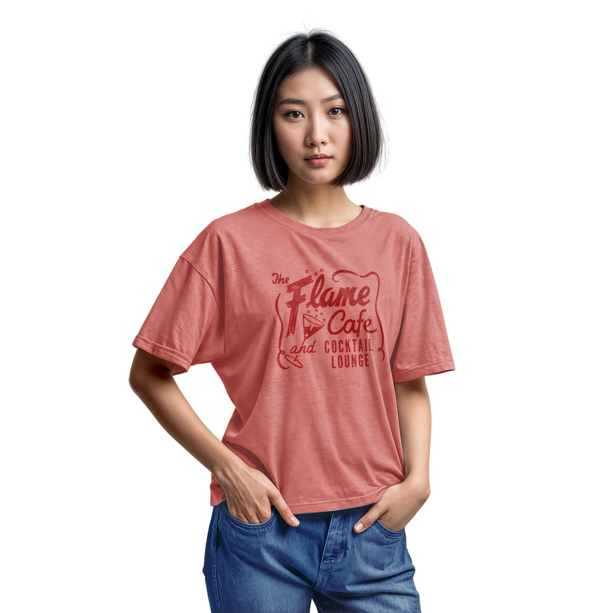 A coral pink t-shirt with an advertisement for 'The Flame Cafe and Cocktail Lounge' in Minneapolis.