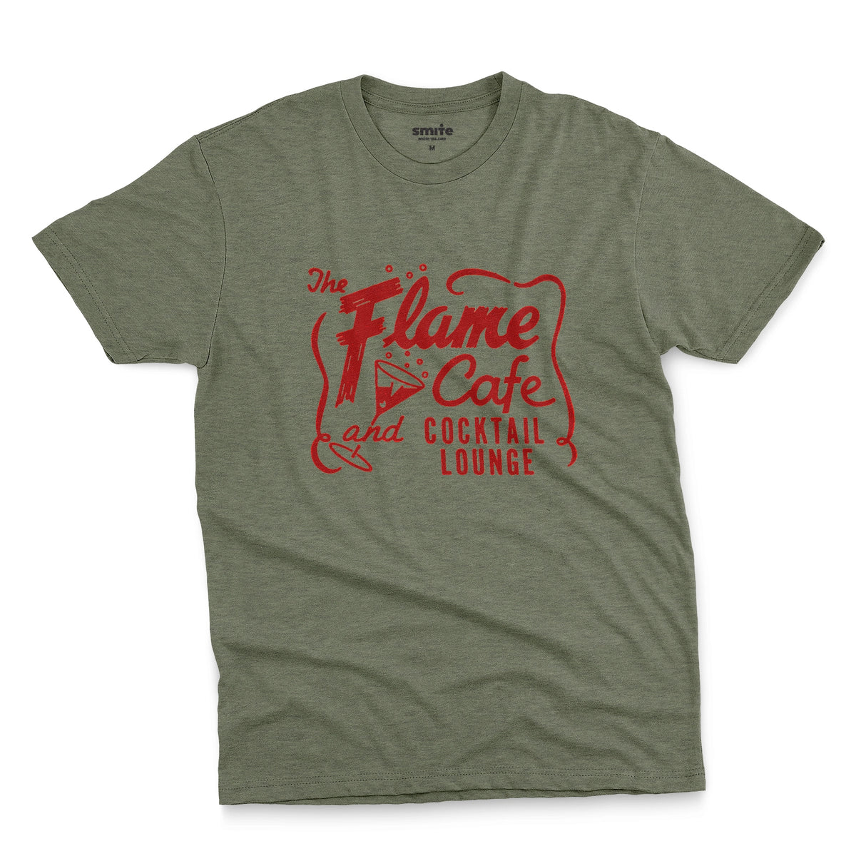 A green t-shirt with an advertisement for 'The Flame Cafe and Cocktail Lounge' in Minneapolis.