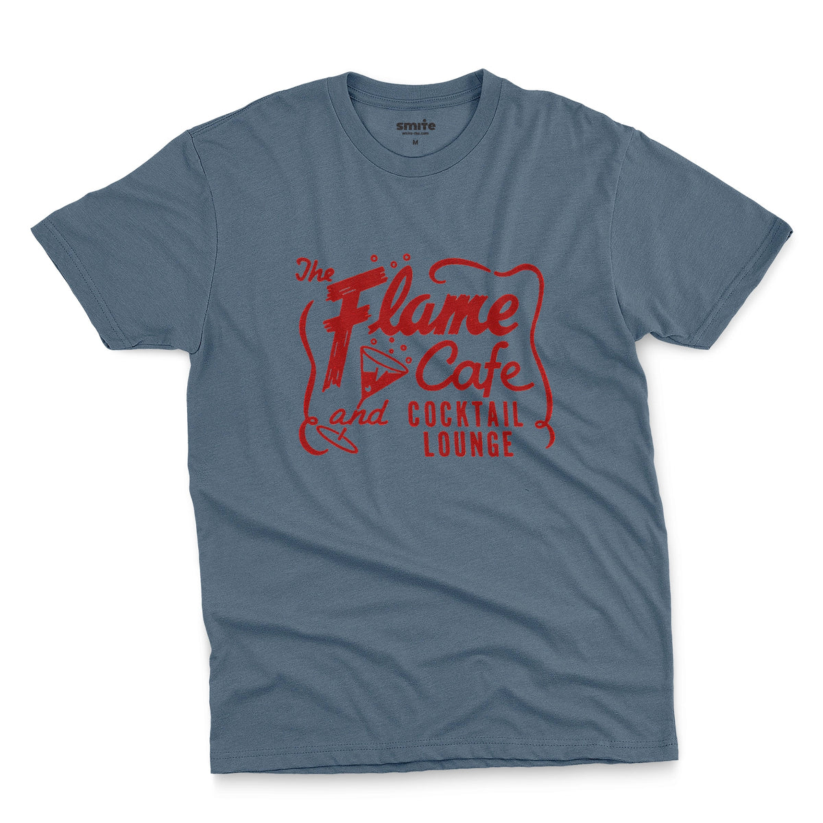 A blue t-shirt with an advertisement for 'The Flame Cafe and Cocktail Lounge' in Minneapolis.