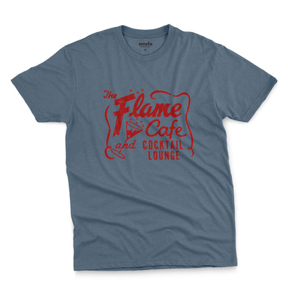 A blue t-shirt with an advertisement for 'The Flame Cafe and Cocktail Lounge' in Minneapolis.
