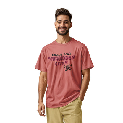 A coral pink t-shirt with a retro advertisement for 'CHARLIE LOW'S FORBIDDEN CITY' nightclub.