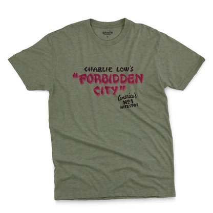 A green t-shirt with a retro advertisement for 'CHARLIE LOW'S FORBIDDEN CITY' nightclub.
