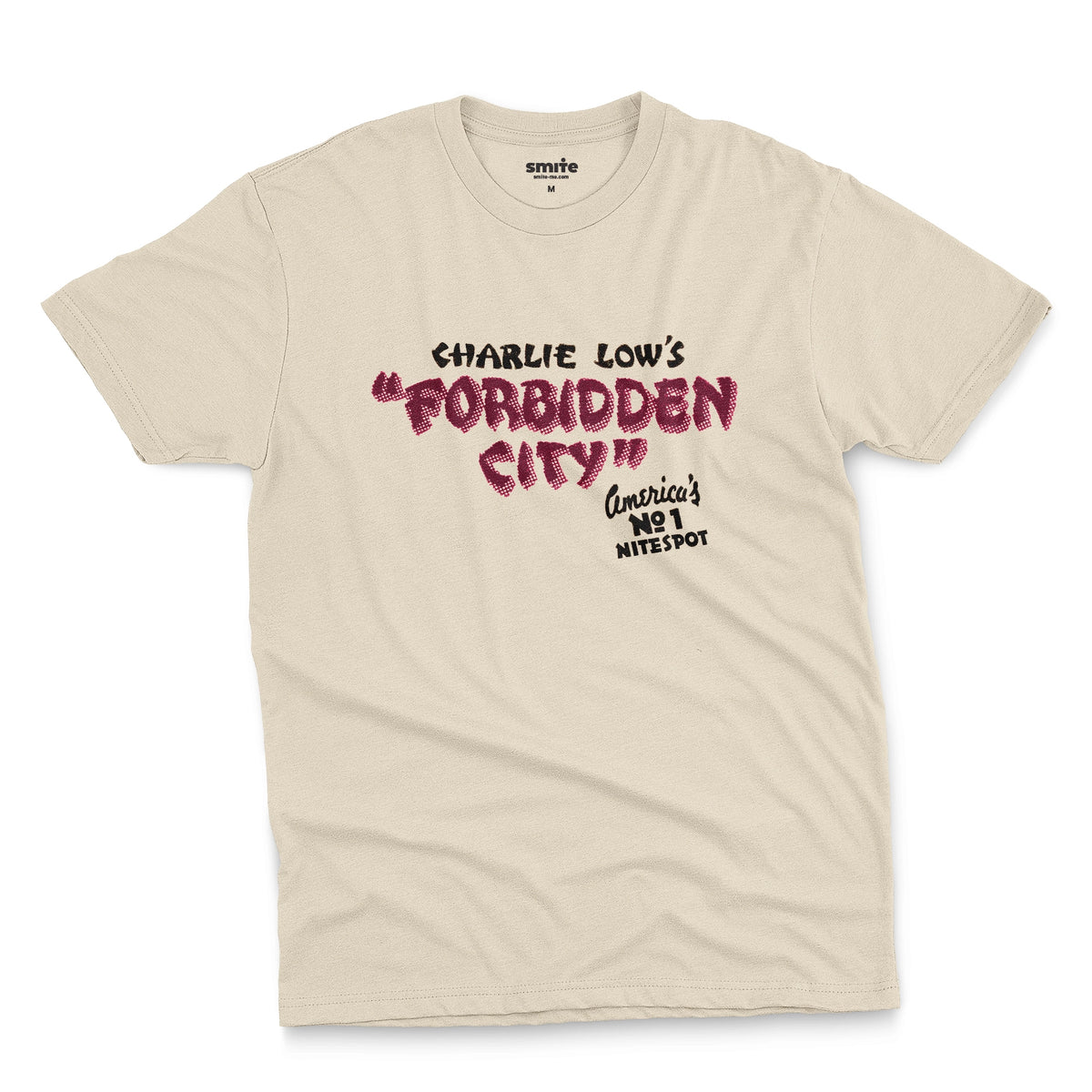 A beige t-shirt with a retro advertisement for 'CHARLIE LOW'S FORBIDDEN CITY' nightclub.