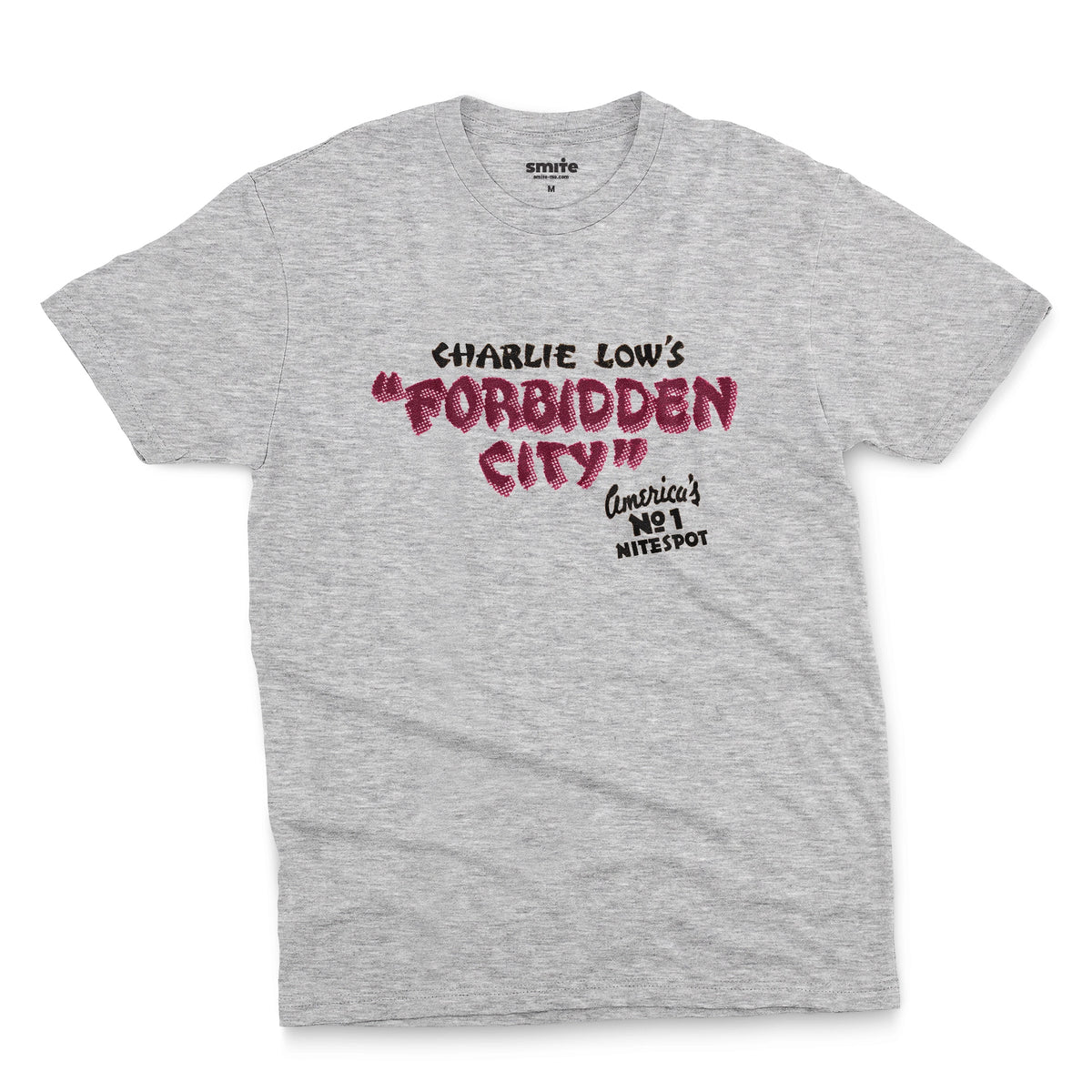 A gray marle t-shirt with a retro advertisement for 'CHARLIE LOW'S FORBIDDEN CITY' nightclub.