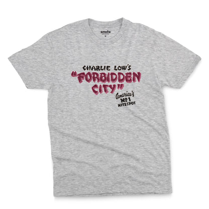 A gray marle t-shirt with a retro advertisement for 'CHARLIE LOW'S FORBIDDEN CITY' nightclub.